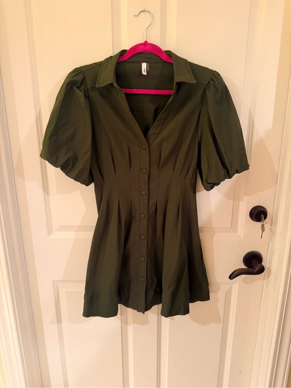 Glam Olive Green Puff Sleeve Button-Front (snaps) Women's dress